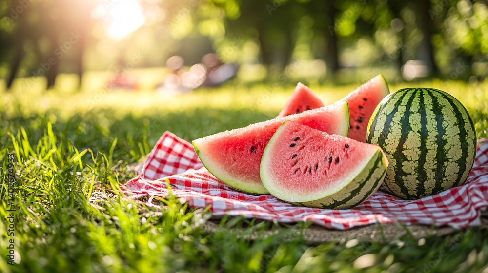 Fresh Watermelon Slices on Picnic Blanket Surrounded by Green Grass in Sunny Park Setting