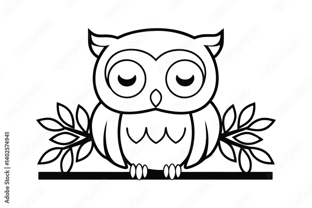 Fototapeta premium Black And White Owl Vector Illustration With Closed Eyes Perched On Branch With Leaves Design