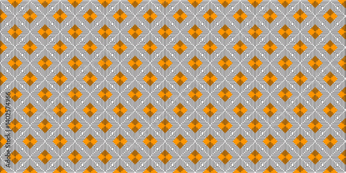 Interlocking Geometric Tapestry , Black and  Orange Grid Pattern with Diamond Motifs, Seamless Repeat