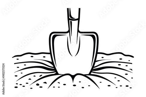 Black And White Illustration Of A Shovel Digging Into The Earth For Gardening Or Agriculture