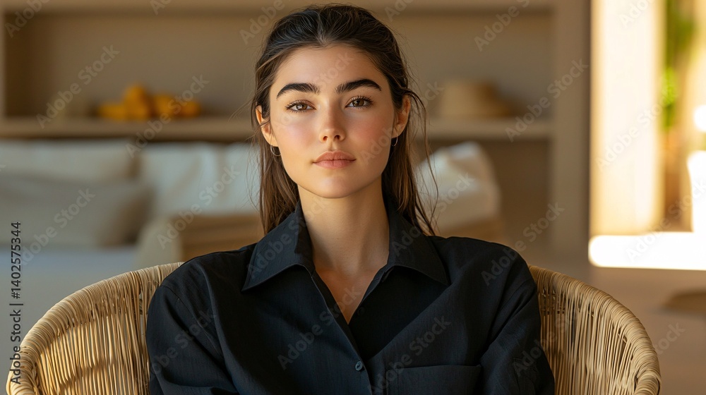 Young Woman in Modern Setting Exuding Confidence and Calmness, Sitting in Chair Against Stylish Interior Background