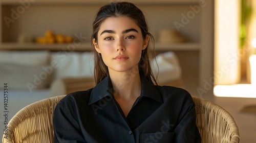 Obraz na płótnie Young Woman in Modern Setting Exuding Confidence and Calmness, Sitting in Chair Against Stylish Interior Background w salonie