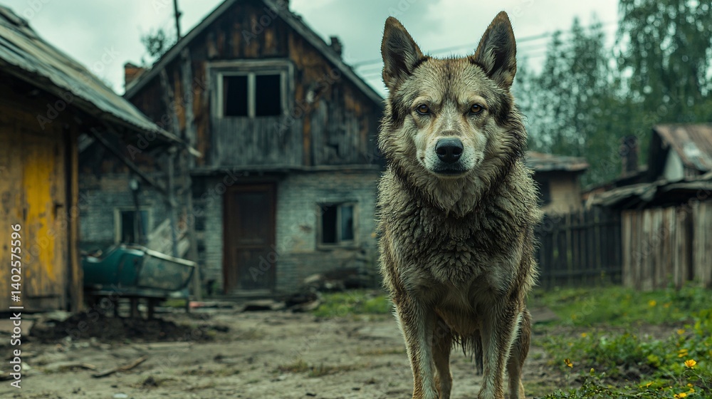 Stray wolf standing in an abandoned village with old wooden houses and muddy ground under a cloudy sky