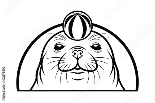 Circus Seal Performing With Ball On Nose Line Art Vector Illustration Design Resource For Creative Projects