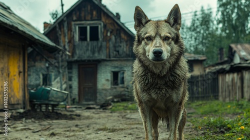 Obraz na płótnie Stray wolf standing in an abandoned village with old wooden houses and muddy ground under a cloudy sky w salonie