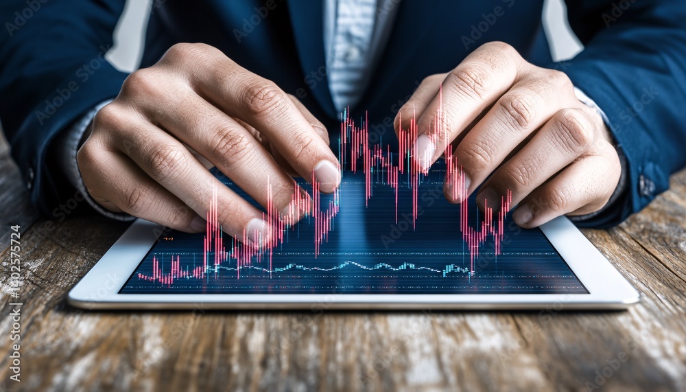 Businessman Analyzing Financial Market Trends on Digital Tablet with Charts and Data Visualizations in Modern Office Setting