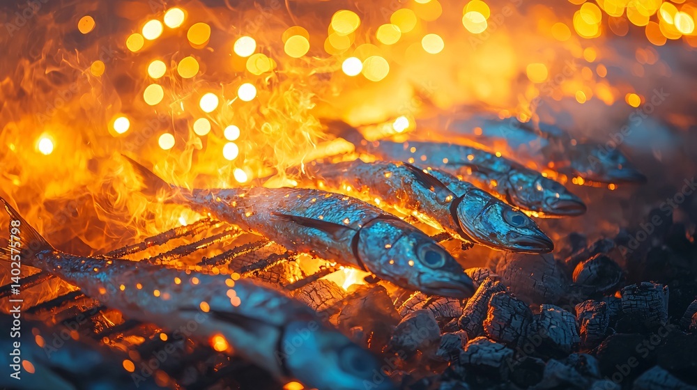 Grilled Fish Cooking Over Charcoal with Glowing Fire and Bokeh Background in Outdoor Setting