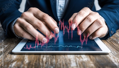 Obraz na płótnie Businessman Analyzing Financial Market Trends on Digital Tablet with Charts and Data Visualizations in Modern Office Setting w salonie