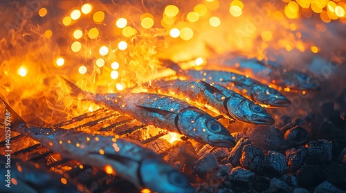 Obraz na płótnie Grilled Fish Cooking Over Charcoal with Glowing Fire and Bokeh Background in Outdoor Setting w salonie