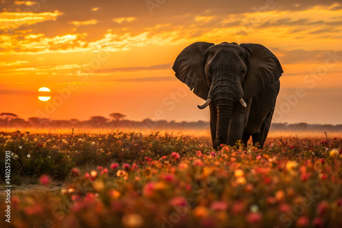 Elephant Walking Through Flowers at Sunset photo