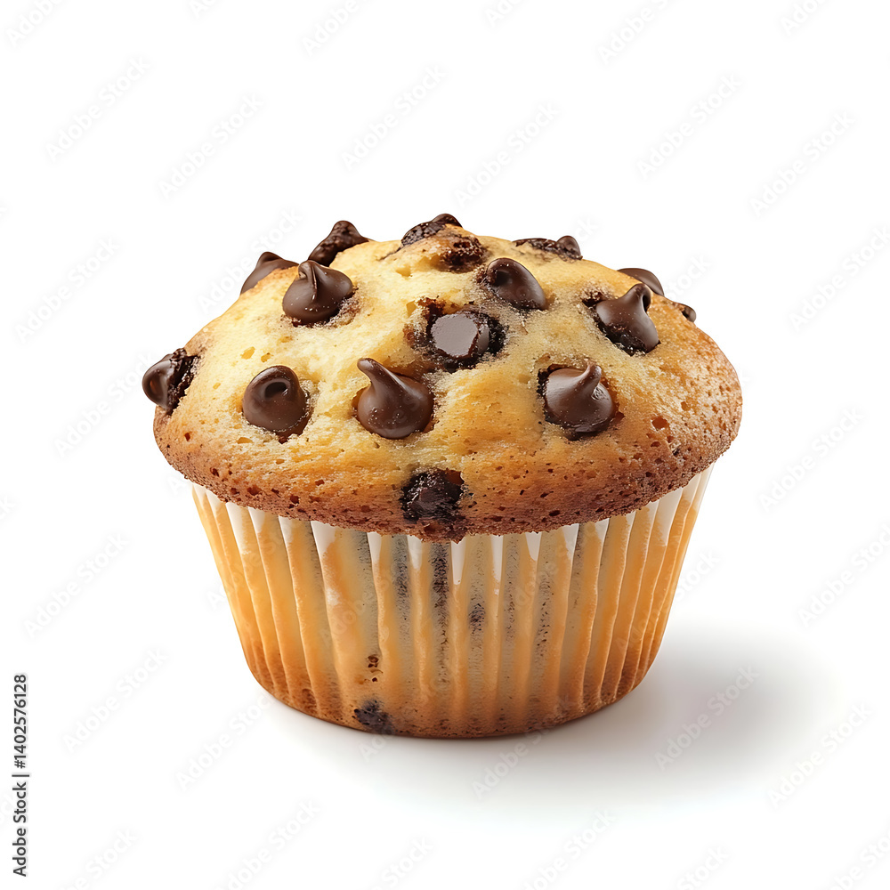 A freshly baked chocolate chip muffin with a golden brown top, soft crumb, and visible chocolate chunks A freshly baked chocolate chip muffin with a golden brown top, soft crumb, and visible chocolate chunks
