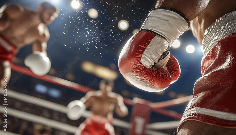 Intense Boxing Match with Focus on Red Glove and Opponent in Action Inside the Ring