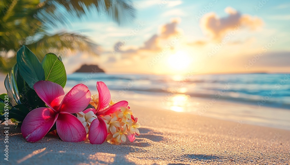 Vibrant Tropical Flowers on Sandy Beach at Sunset with Gentle Waves and Cloudy Sky