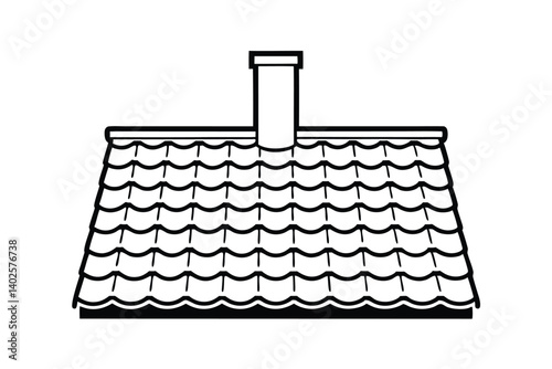 Black And White Line Art Illustration Of A Tiled Roof With Chimney For Architectural Design Projects