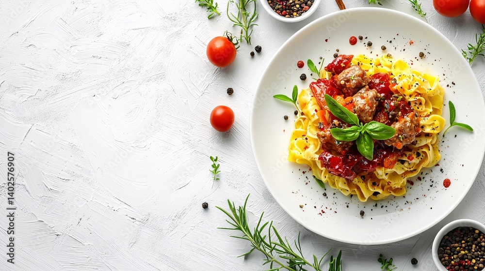 Delicious Plate of Fettuccine Pasta with Meatballs and Fresh Basil on White Background