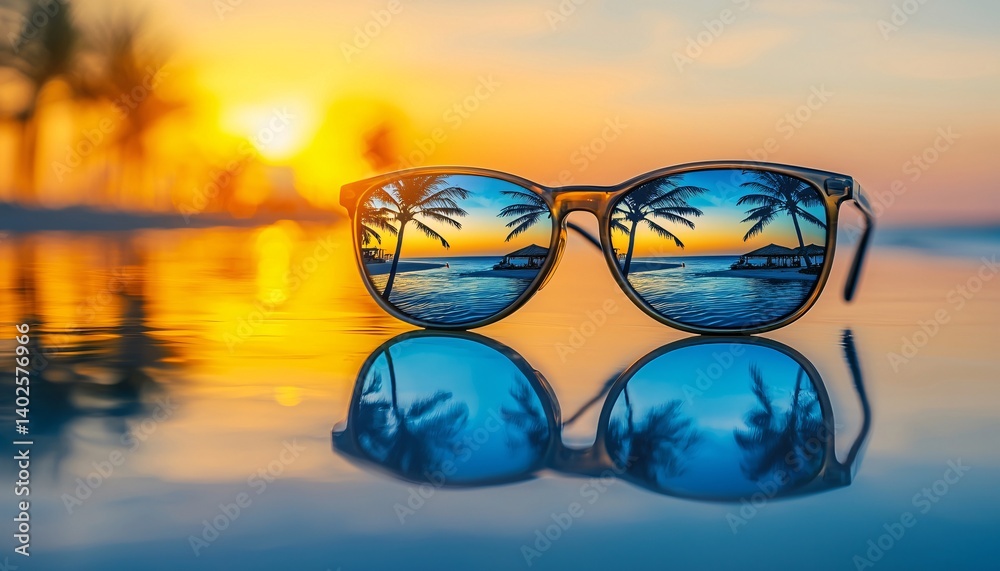 Close-Up View of Sunglasses Reflecting Palm Trees and Sunset Over Ocean at Tropical Beach