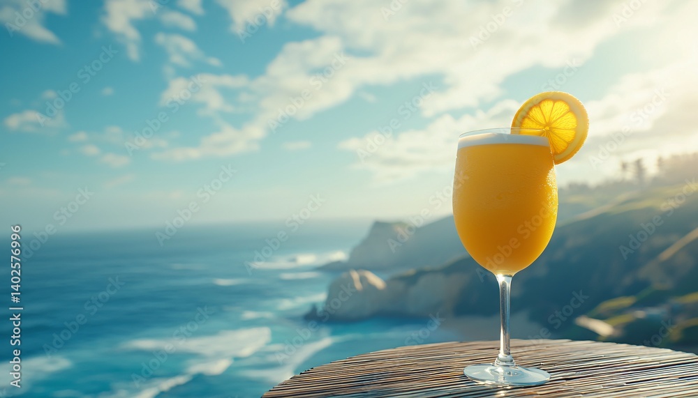Refreshing Citrus Drink on Coastal Cliff with Ocean View and Bright Sky, Perfect for Summer Relaxation and Vacation Vibes