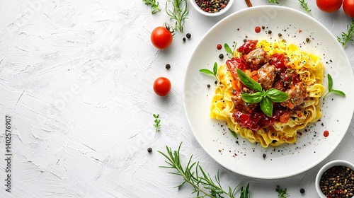 Obraz na płótnie Delicious Plate of Fettuccine Pasta with Meatballs and Fresh Basil on White Background w salonie