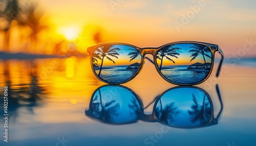 Obraz na płótnie Close-Up View of Sunglasses Reflecting Palm Trees and Sunset Over Ocean at Tropical Beach w salonie