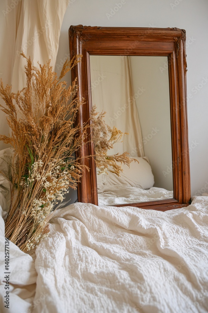 Elegant Rustic Mirror Surrounded by Dried Flowers on Soft Textured Bedding in Cozy Interior Setting
