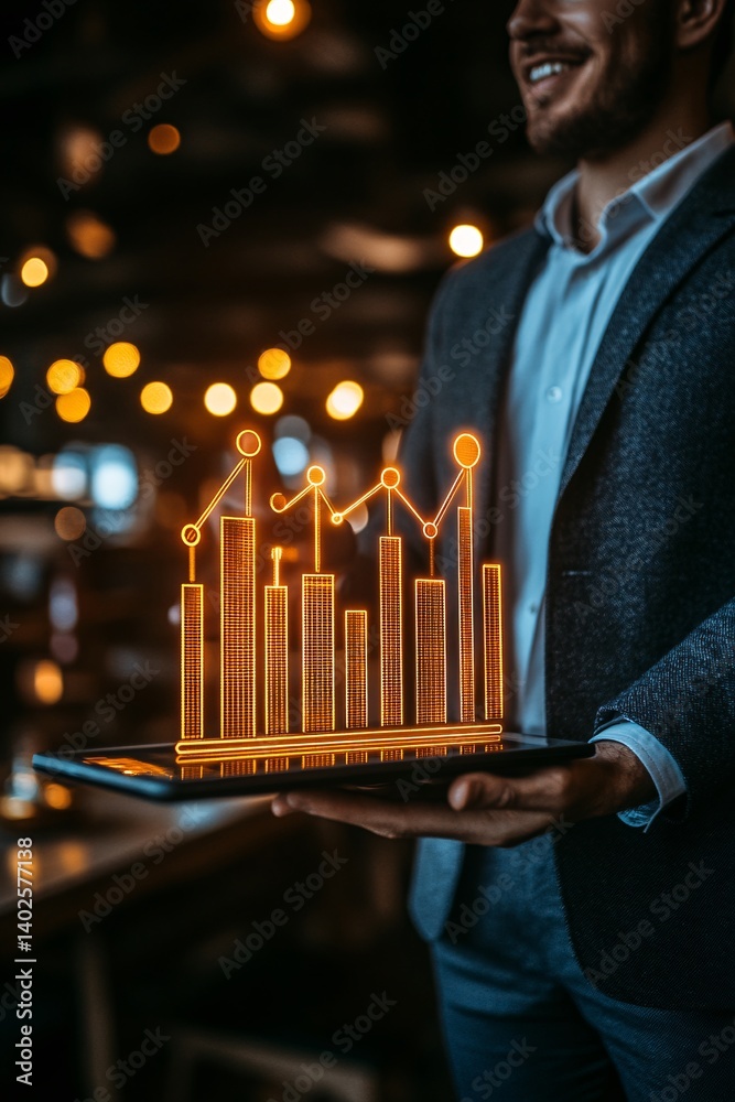 Business Professional Presenting Digital Graph on Laptop with Soft Focus Lights in Background