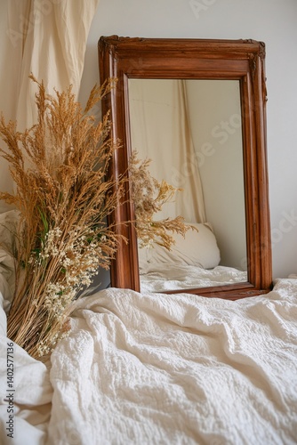 Obraz na płótnie Elegant Rustic Mirror Surrounded by Dried Flowers on Soft Textured Bedding in Cozy Interior Setting w salonie