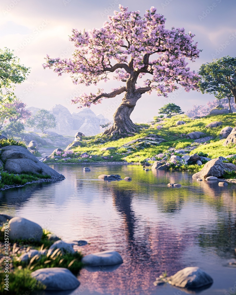 Serene Landscape with Cherry Blossom Tree Reflected in Tranquil Water Body Amidst Lush Greenery and Rocky Terrain