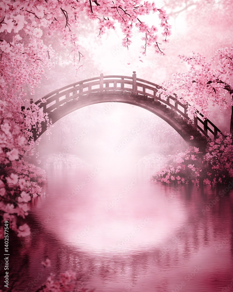 Serene Landscape with Cherry Blossom Trees and a Wooden Bridge Over Calm Water in Soft Pink Hues