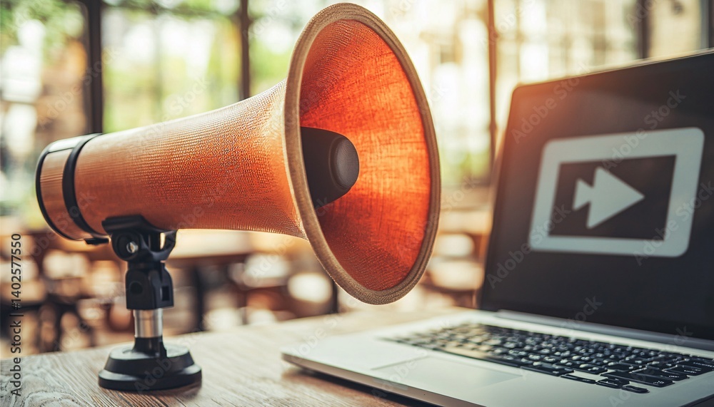 Stylish megaphone next to laptop displaying video play button symbol in modern office setting