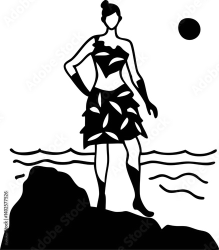 silhouette of person stands confidently on rock by sea, with waves gently lapping and sun shining brightly in sky. scene evokes sense of freedom and adventure