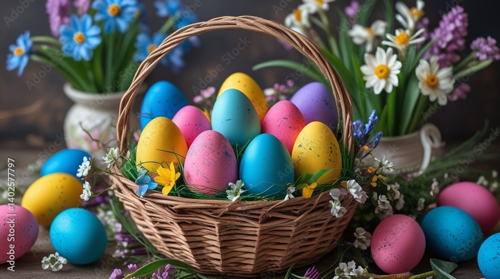 Easter Basket with Colorful Eggs and Easter Basket with Colorful Eggs and