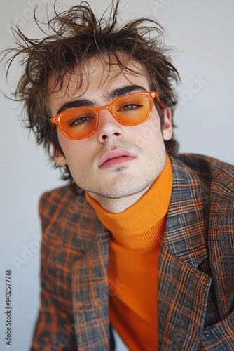 Obraz na płótnie Stylish young man with tousled hair wearing vibrant orange glasses and checkered blazer on neutral background w salonie