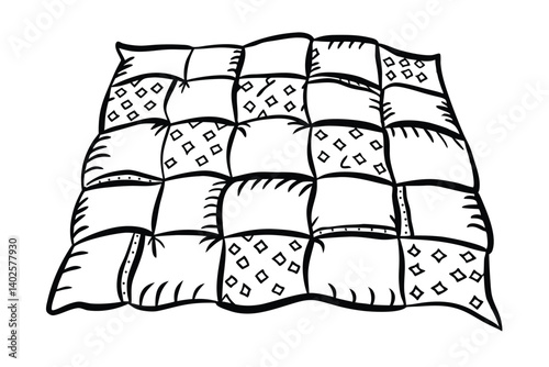 Quilted Blanket Doodle Illustration Featuring Diamond Patterned Patchwork Design Detailed Line Art Style Isolated On White For Creative Projects