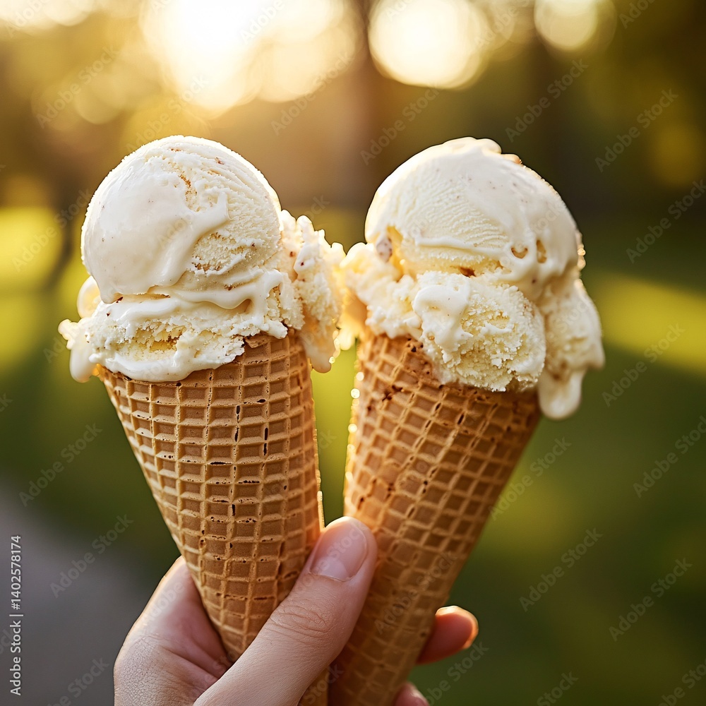 Two Hands Holding Delicious Ice Cream Cones with Creamy Vanilla Flavor in a Sunlit Park Setting
