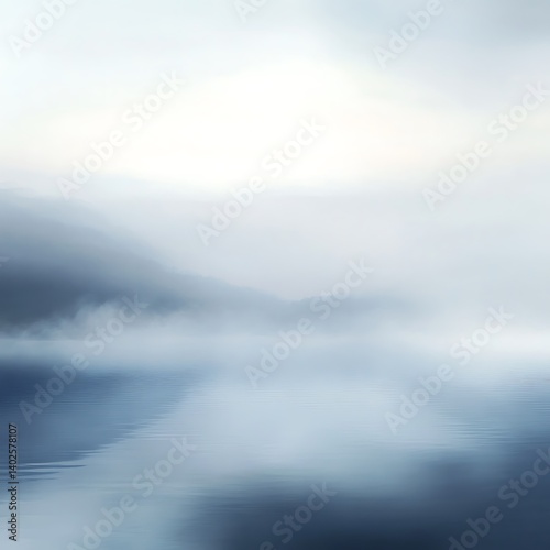 Abstract landscape with blurry shapes in shades of blue white and gray.