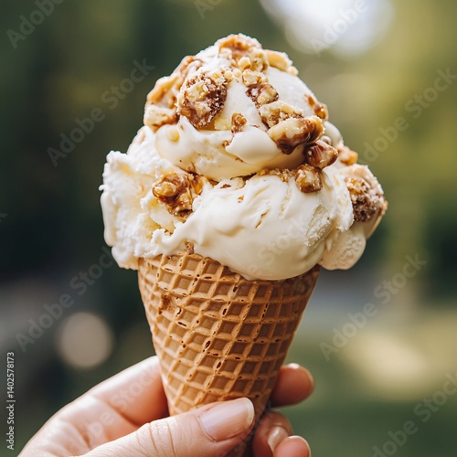 Creamy Ice Cream Cone Topped with Crunchy Popcorn in Bright Natural Light