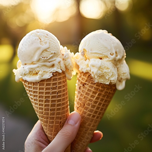 Two Hands Holding Delicious Ice Cream Cones with Creamy Vanilla Flavor in a Sunlit Park Setting