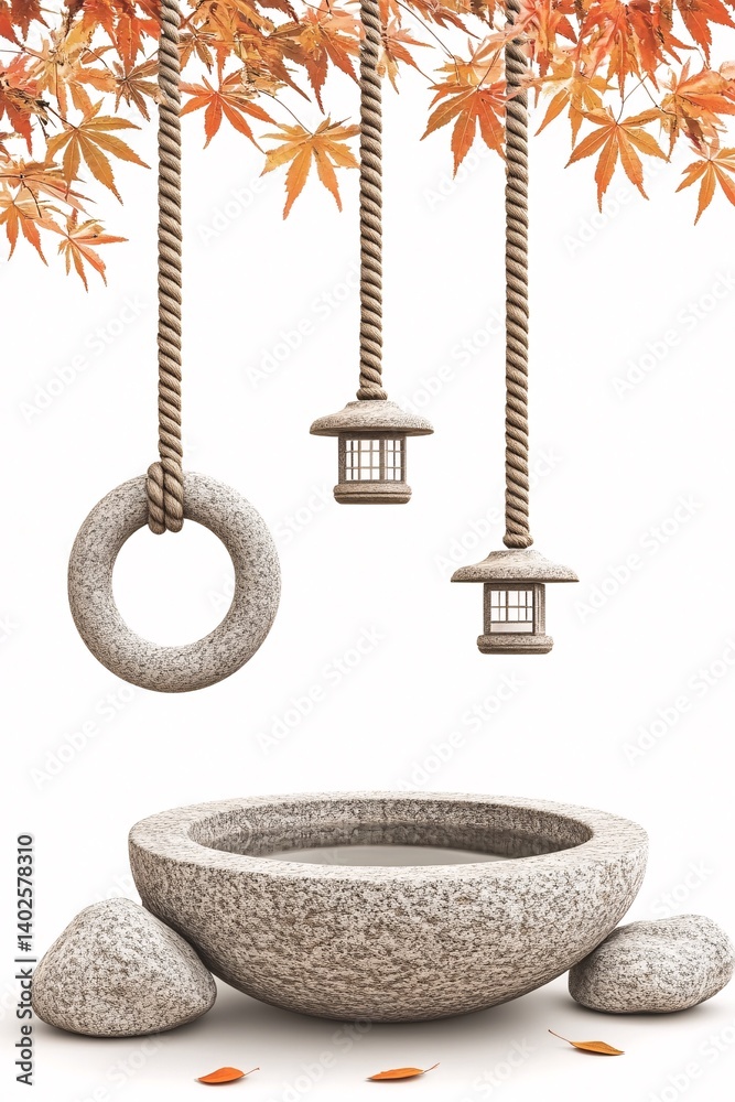 Tranquil Stone Water Basin Surrounded by Floating Autumn Leaves and Lanterns in a Minimalist Japanese Garden Style