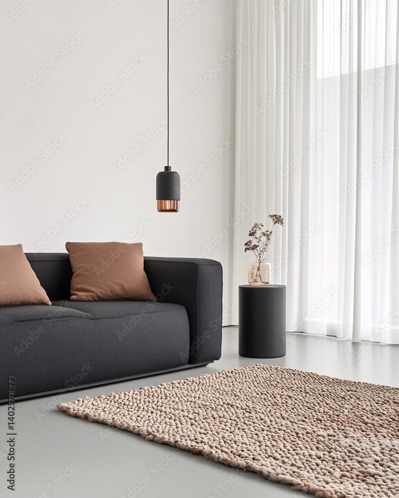 Modern Living Room Interior with Stylish Black Sofa, Elegant Pendant Light, Natural Rug, and Soft Drapes