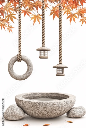 Obraz na płótnie Tranquil Stone Water Basin Surrounded by Floating Autumn Leaves and Lanterns in a Minimalist Japanese Garden Style w salonie