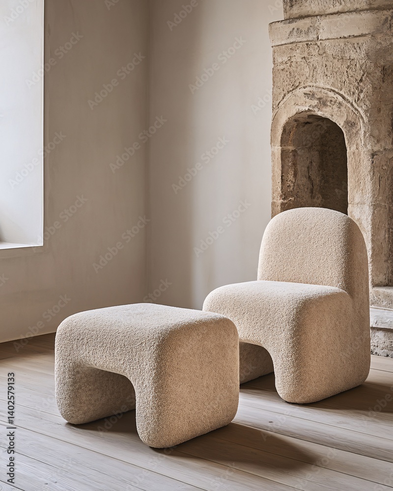 Modern minimalist chair and ottoman in soft beige fabric with natural stone background and wooden floor in elegant interior decor