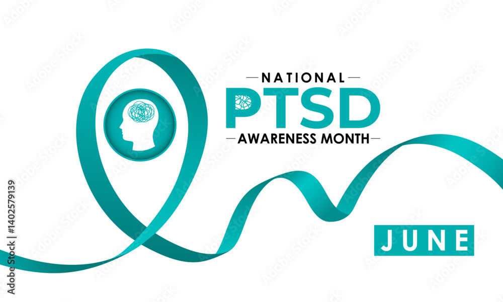 Obraz premium National PTSD Awareness Month is june. Health awareness vector. Realistic ribbon, Human and brain icon. Educate the public about post-traumatic stress disorder. Banner and background design template.