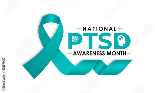 National PTSD Awareness Month is june. Health awareness vector. Realistic ribbon, Human and brain icon. Educate the public about post-traumatic stress disorder. Banner and background design template.