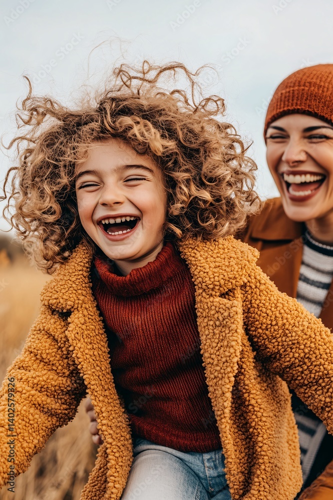Joyful Mother and Daughter Together in Nature with Laughter and Happiness, Relaxed Autumn Vibes and Smiling Faces