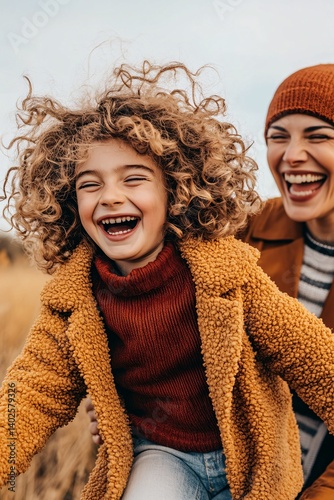 Obraz na płótnie Joyful Mother and Daughter Together in Nature with Laughter and Happiness, Relaxed Autumn Vibes and Smiling Faces w salonie