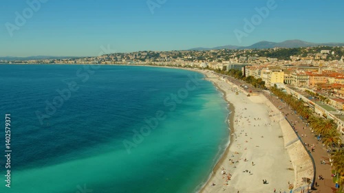 4K Nice, France French Riviera breathtaking view of the Baie des Anges and the entire coastline from the Colline du Château with a seagull flying photo