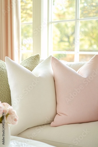 Cozy Living Room with Elegant Pillows in Soft Pastel Colors Lighting and Warmth in a Bright Interior Setting