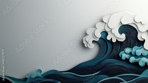 Intricate Paper Cut Design Showcasing White and Blue Wave Aesthetic