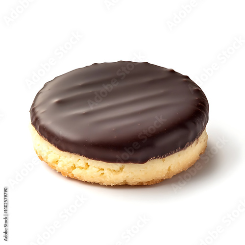A freshly baked chocolate dipped shortbread cookie with a crumbly, buttery texture and a glossy dark chocolate coating, isolated white background