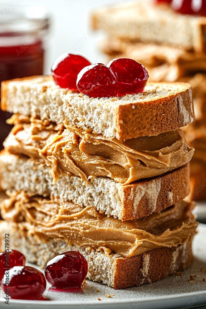 Delicious Peanut Butter and Jelly Sandwich Stacked with Fresh Red Berries on Plate with Jar of Jam in Background